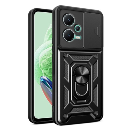 Husa pentru Xiaomi Redmi Note 12 5G / Poco X5, SKYDDAR INNOVATION, CamShield, Inel magnetic, set cu sticker, Negru
