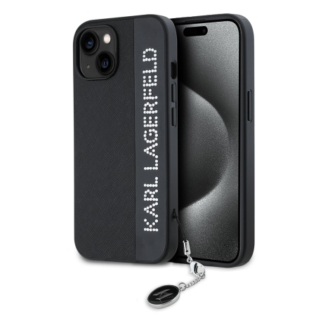 Huse pentru iPhone 15, Karl Lagerfeld, Saffiano Rhinestones&Charm, Negru