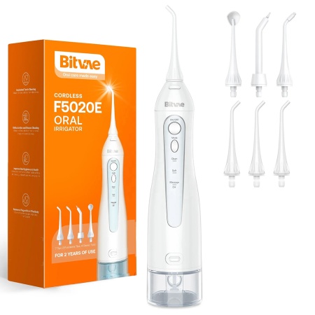 Irigator bucal electric Bitvae BV 5020E, alb, 7 duze incluse, autonomie 21 zile, incarcare rapida, design compact, Alb