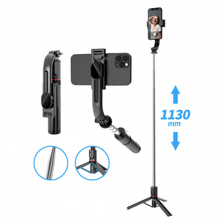 Selfie Stick si Trepied Stabil Bluetooth, 113cm, Techsuit (L13), Negru