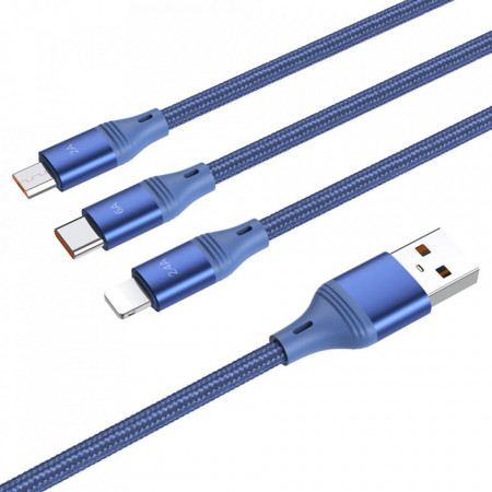 Cable incarcare (U104 Ultra), 3in1, USB-A la Type-C, Lightning si Micro-USB, 66W, 6A, 1.2m, HOCO - Albastru
