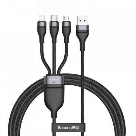 Cablu de date 3in1 USB la Type-C / Lightning / Micor-USB, 66W, 1.2m, Baseus Flash Series (CA1T3-G1) - Gri