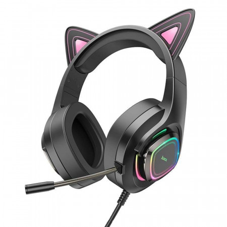 Casti Gaming Jack 3.5mm cu LED si Microfon, Hoco Cat Ears - Negru / Roz
