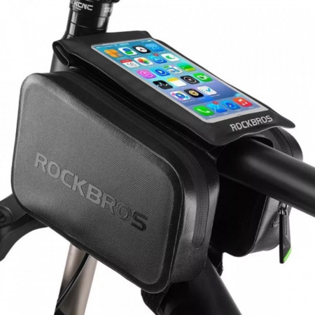 Geanta bicicleta cadru impermeabila, suport telefon (max 6 inch), RockBros (AS-006BK) - Negru