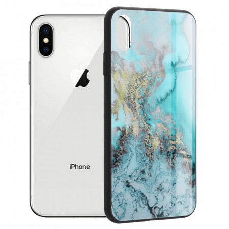 Husa iPhone X / XS cu sticla securizata, Techsuit Glaze - Blue Ocean