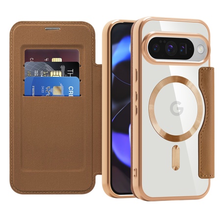 Husa pentru Google Pixel 10 / Pixel 10 Pro tip carte, SKYDDAR INOVATION, SmartMag Book, Magsafe, RFiD, Suport Carduri, set cu sticker, Maro