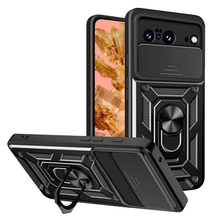 Husa pentru Google Pixel 8, SKYDDAR INNOVATION, CamShield, Inel magnetic, set cu sticker, Negru