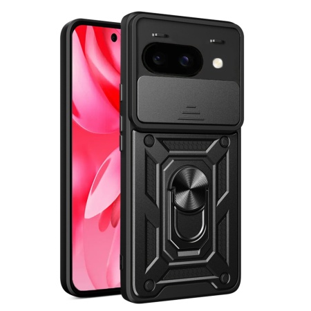 Husa pentru Google Pixel 9a, SKYDDAR INNOVATION, CamShield, Inel magnetic, set cu sticker, Negru
