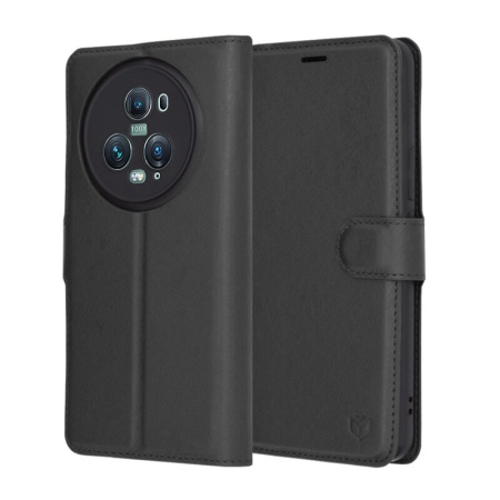 Husa pentru Honor Magic5 Pro, SKYDDAR INNOVATION, Leather Folio tip Carte, cu Portofel Interior, Finisaje Premium, set cu sticker, Negru