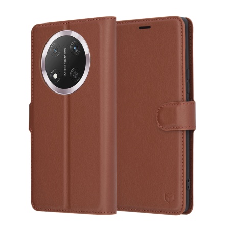 Husa pentru Honor X9c / Magic7 Lite, SKYDDAR INNOVATION, Leather Folio tip Carte, cu Portofel Interior, Finisaje Premium, set cu sticker, Maro
