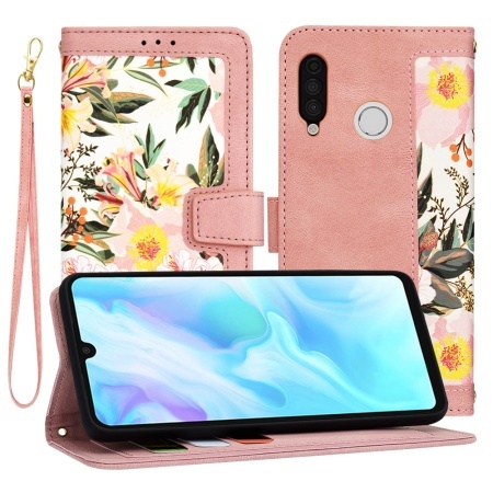 Husa pentru Huawei P30 Lite / P30 Lite New Edition, SKYDDAR INNOVATION, Flipcraft din Piele Ecologică, Stand Integrat, Buzunare pentru Carduri, set cu sticker, Roz