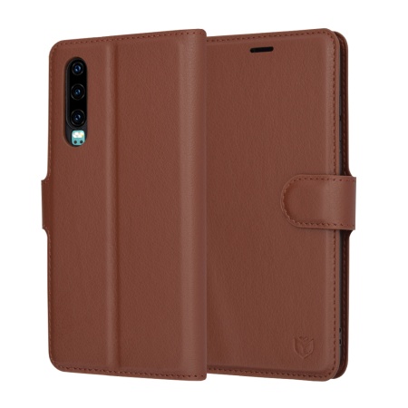 Husa pentru Huawei P30, SKYDDAR INNOVATION, Leather Folio tip Carte, cu Portofel Interior, Finisaje Premium, set cu sticker, Maro