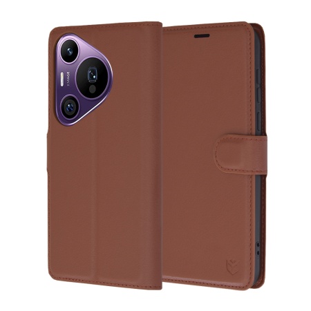 Husa pentru Huawei Pura 70 Pro, SKYDDAR INNOVATION, Leather Folio tip Carte, cu Portofel Interior, Finisaje Premium, set cu sticker, Maro