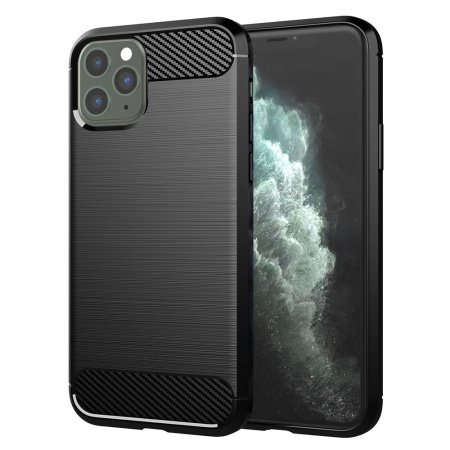 Husa pentru iPhone 11 Pro Max, SKYDDAR INNOVATION, Carbon Silicone, din Silicon Slim, cu textura Fibra Carbon, set cu sticker, Negru