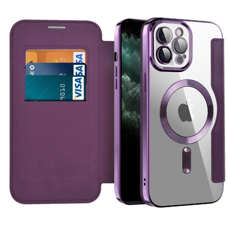 Husa pentru iPhone 11 Pro Max tip carte, SKYDDAR INOVATION, SmartMag Book, Magsafe, RFiD, Suport Carduri, set cu sticker, Mov