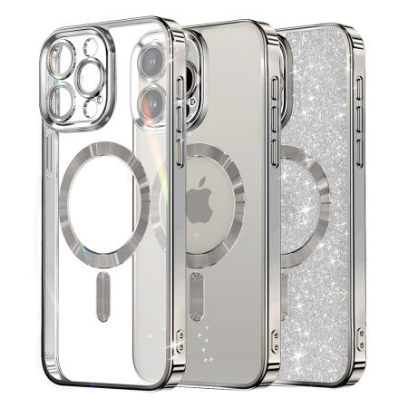 Husa pentru iPhone 13 Pro Max, SKYDDAR INNOVATION, Luxury Glitter Magsafe, Antisoc, Fundal Detasabil 2-in-1, Protectie Superioara, Margini Ridicate, Argintiu, set cu sticker