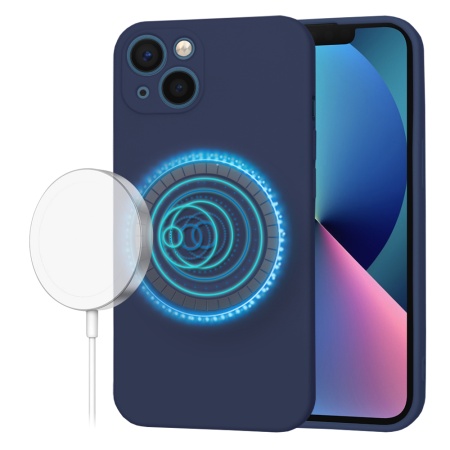 Husa pentru iPhone 13, SKYDDAR INNOVATION, din Silicon Catifelat, SoftFlex Magsafe, Bleumarin, set cu sticker