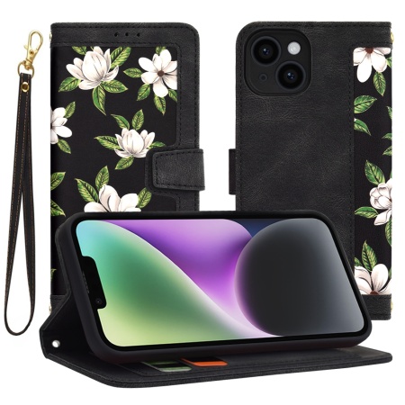 Husa pentru iPhone 14, SKYDDAR INNOVATION, Floral Wallet, din Piele Ecologică cu Design Floral, Protecție 360°, Stand Integrat, Buzunare pentru Carduri, Negru, set cu sticker