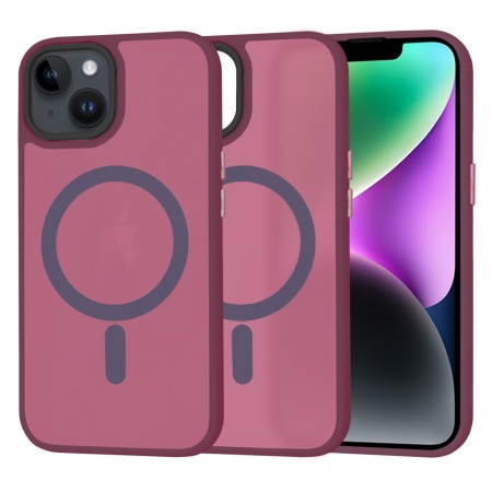 Husa pentru iPhone 14, SKYDDAR INNOVATION, HaloFrost MagSafe, Antisoc, set cu sticker, Bordo