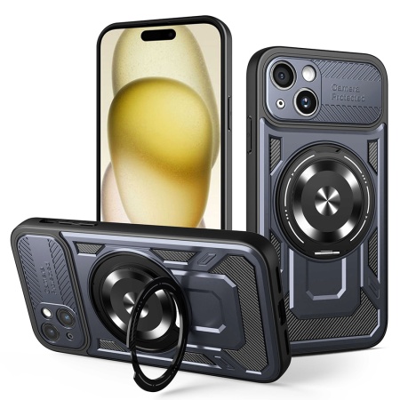 Husa pentru iPhone 15 Plus, SKYDDAR INNOVATION, RuggedCam, Inel magnetic antisoc, set cu sticker, Albastru