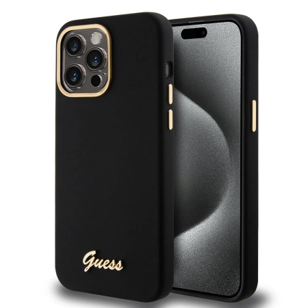 Husa pentru iPhone 15 Pro Max Silicone Script Metal Logo & Frame, Guess - Negru