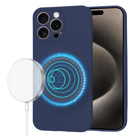 Husa pentru iPhone 15 Pro Max, SKYDDAR INNOVATION, din Silicon Catifelat, SoftFlex Magsafe, Bleumarin, set cu sticker