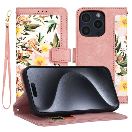 Husa pentru iPhone 15 Pro, SKYDDAR INNOVATION, Floral Wallet, din Piele Ecologică cu Design Floral, Protecție 360°, Stand Integrat, Buzunare pentru Carduri, Roz, set cu sticker