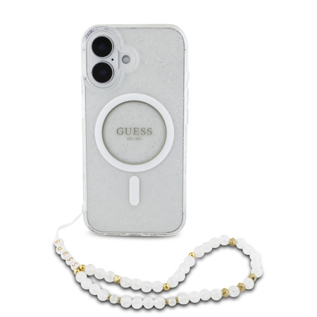 Husa pentru iPhone 16 Plus, IML Glitter with Pearl Strap MagSafe, Guess - Transparenta