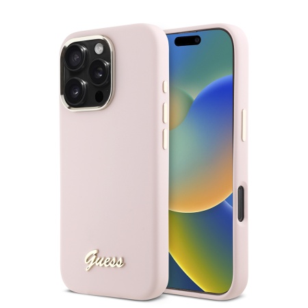 Husa pentru iPhone 16 Pro Silicone Script Metal Logo & Frame, Guess - Roz