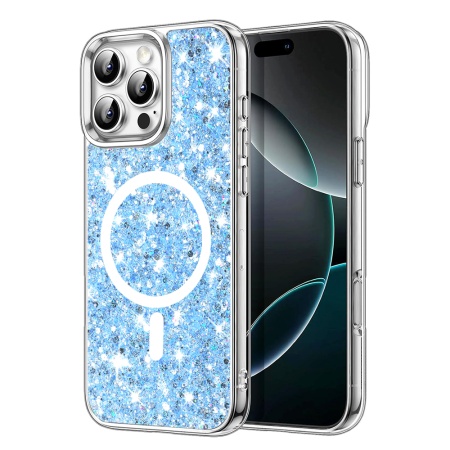 Husa pentru iPhone 16 Pro, SKYDDAR INNOVATION, SparkleCase, din Silicon cu Sclipici, Protectie Completa, set cu sticker, Bleu