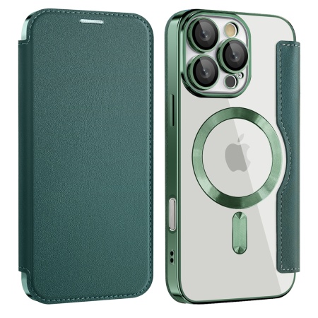 Husa pentru iPhone 17 tip carte, SKYDDAR INOVATION, SmartMag Book, Magsafe, RFiD, Suport Carduri, set cu sticker, Verde
