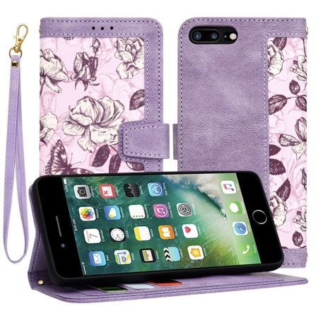 Husa pentru iPhone 8 Plus / 7 Plus, SKYDDAR INNOVATION, Flipcraft din Piele Ecologică, Stand Integrat, Buzunare pentru Carduri, set cu sticker, Mov