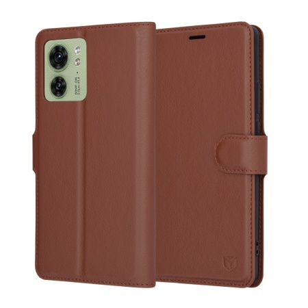 Husa pentru Motorola Edge 40 / Edge (2023), SKYDDAR INNOVATION, Leather Folio tip Carte, cu Portofel Interior, Finisaje Premium, set cu sticker, Maro