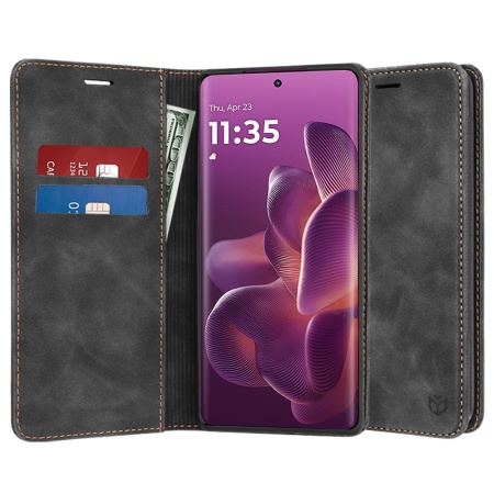 Husa pentru Motorola Edge 60 Pro, SKYDDAR INNOVATION, Confy Cover tip Carte din piele Eco Premium, cu Portofel Interior, set cu sticker, Negru