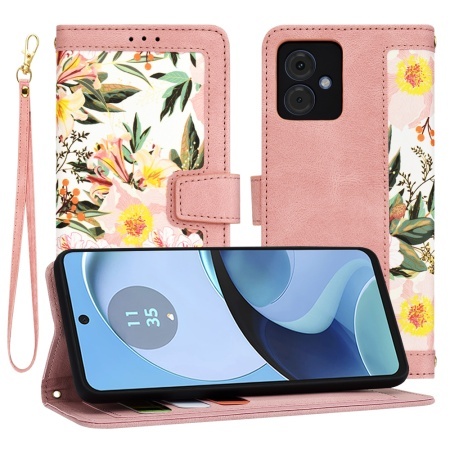 Husa pentru Motorola Moto G14, SKYDDAR INNOVATION, Flipcraft din Piele Ecologică, Stand Integrat, Buzunare pentru Carduri, set cu sticker, Roz