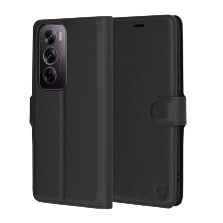 Husa pentru Oppo Reno12 Pro, SKYDDAR INNOVATION, Leather Folio tip Carte, cu Portofel Interior, Finisaje Premium, set cu sticker, Negru