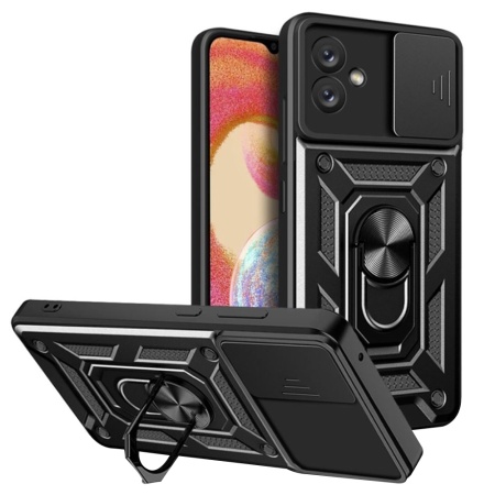 Husa pentru Samsung Galaxy A04e / Galaxy M04, SKYDDAR INNOVATION, CamShield, Inel magnetic, set cu sticker, Negru