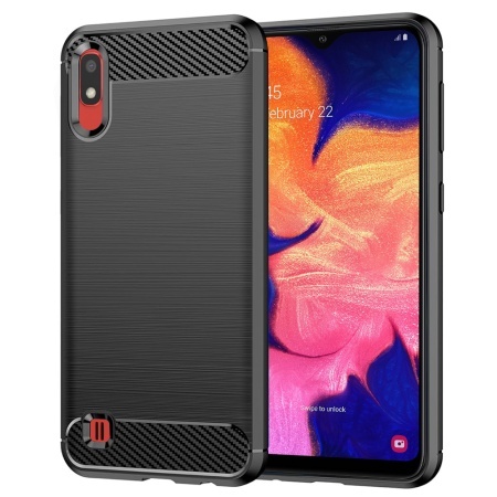 Husa pentru Samsung Galaxy A10 / Galaxy M10, SKYDDAR INNOVATION, Carbon Silicone, din Silicon Slim, cu textura Fibra Carbon, set cu sticker, Negru