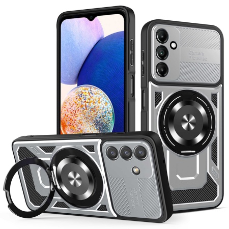 Husa pentru Samsung Galaxy A14 5G / Galaxy A14 4G, SKYDDAR INNOVATION, RuggedCam, Inel magnetic antisoc, set cu sticker, Gri