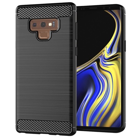 Husa pentru Samsung Galaxy Note 9, SKYDDAR INNOVATION, Carbon Silicone, din Silicon Slim, cu textura Fibra Carbon, set cu sticker, Negru