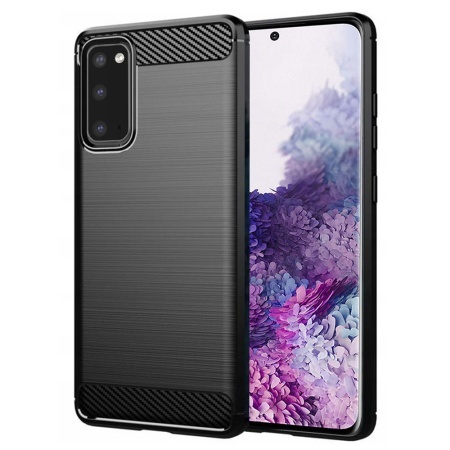 Husa pentru Samsung Galaxy S20 / Galaxy S20 5G, SKYDDAR INNOVATION, Carbon Silicone, din Silicon Slim, cu textura Fibra Carbon, set cu sticker, Negru