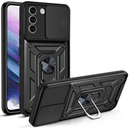Husa pentru Samsung Galaxy S21 FE 5G, SKYDDAR INNOVATION, CamShield, Inel magnetic, set cu sticker, Negru