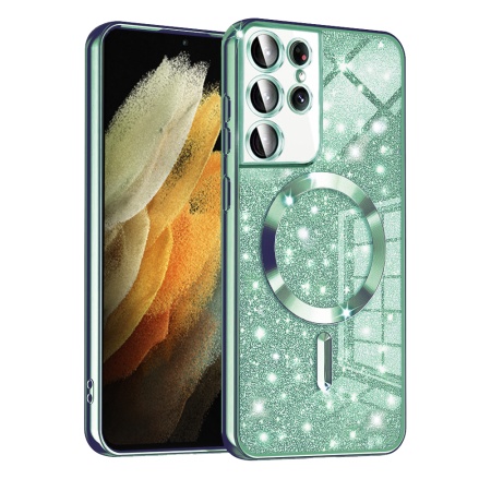 Husa pentru Samsung Galaxy S21 Ultra 5G Design Antisoc, Fundal Detasabil 2-in-1, Protectie Superioara, Margini Ridicate, SKDR Glitter - Verde deschis