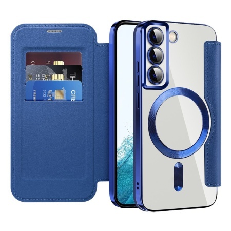 Husa pentru Samsung Galaxy S22 5G tip carte, SKYDDAR INOVATION, SmartMag Book, Magsafe, RFiD, Suport Carduri, set cu sticker, Albastru