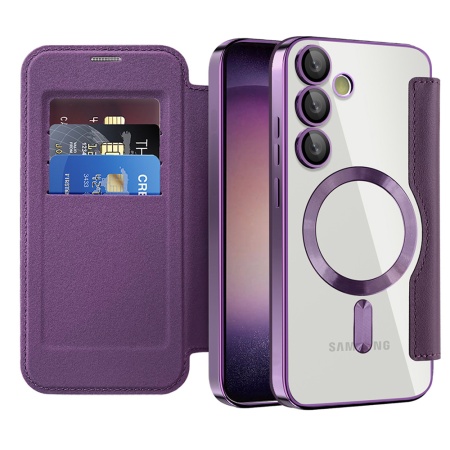 Husa pentru Samsung Galaxy S23 Plus tip carte, SKYDDAR INOVATION, SmartMag Book, Magsafe, RFiD, Suport Carduri, set cu sticker, Mov