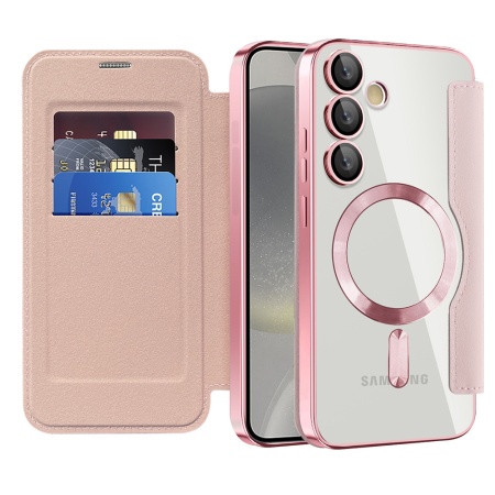 Husa pentru Samsung Galaxy S24 tip carte, SKYDDAR INOVATION, SmartMag Book, Magsafe, RFiD, Suport Carduri, set cu sticker, Roz