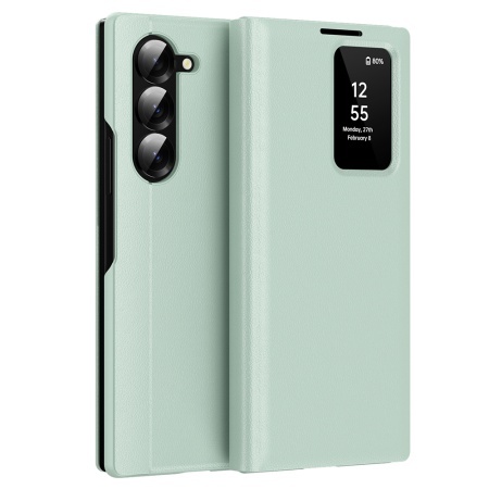 Husa pentru Samsung Galaxy Z Fold5 tip carte, Skyddar, cu portofel si SmartView, Premium, set cu sticker, Verde