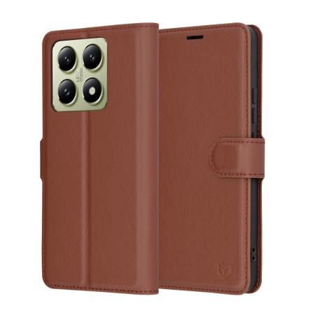 Husa pentru Xiaomi 14T, SKYDDAR INNOVATION, Leather Folio tip Carte, cu Portofel Interior, Finisaje Premium, set cu sticker, Maro
