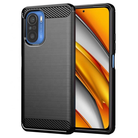 Husa pentru Xiaomi Poco F3 / Mi 11i, SKYDDAR INNOVATION, Carbon Silicone, din Silicon Slim, cu textura Fibra Carbon, set cu sticker, Negru