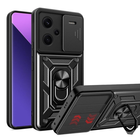 Husa pentru Xiaomi Redmi Note 13 Pro+ 5G, SKYDDAR INNOVATION, CamShield, Inel magnetic, set cu sticker, Negru
